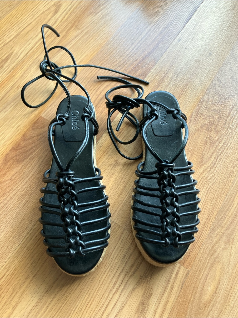 Chloe Black Lace-Up Woven Leather espadrille Sandals
